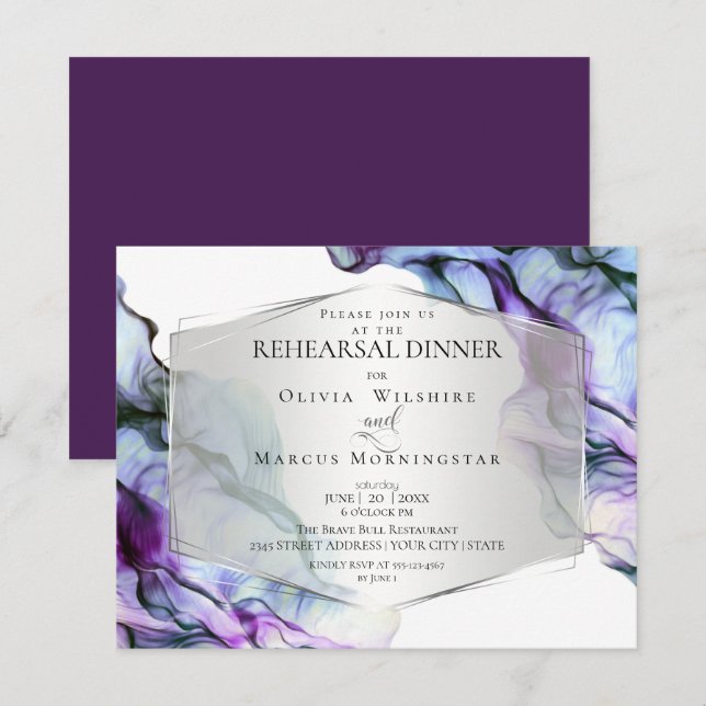 Silver Frame Abstract Plum Teal Flowing Ink Invitation (Front/Back)