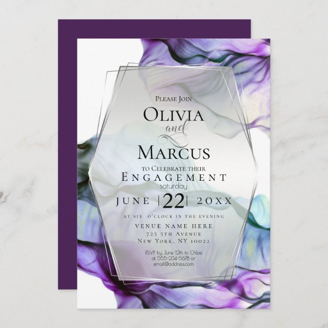 Silver Frame Abstract Plum Teal Flowing Ink Invitation (Front/Back)