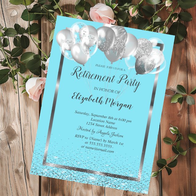 Silver Frame Balloons Light Blue Retirement  Invitation (Creator Uploaded)