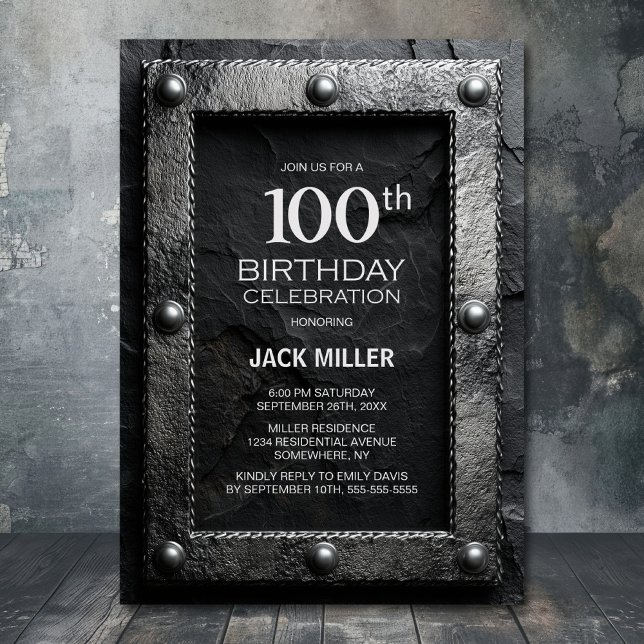 Silver Frame Black Slate 100th Birthday Party Invitation (Creator Uploaded)