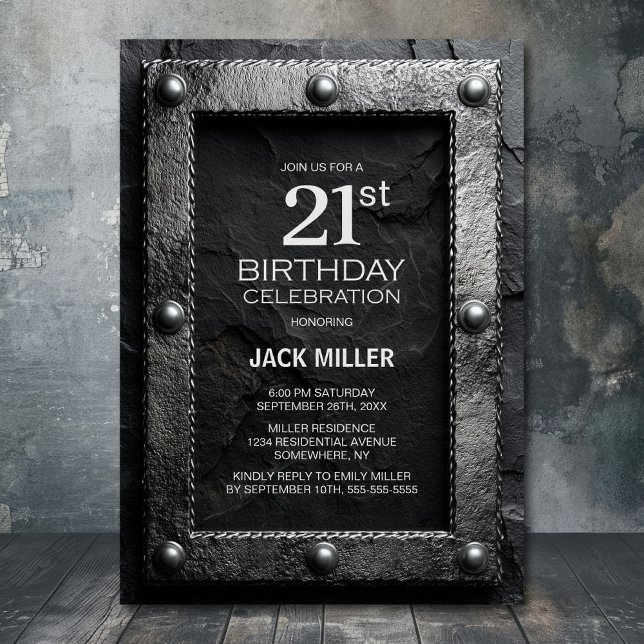 Silver Frame Black Slate 21st Birthday Party Invitation (Creator Uploaded)