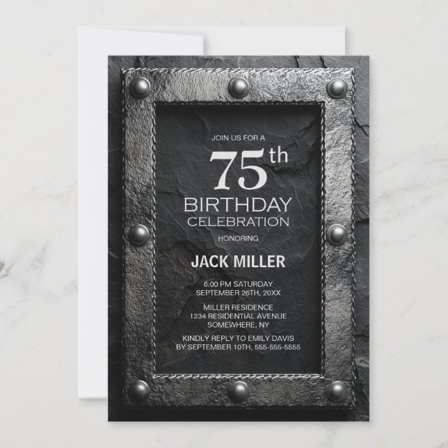Silver Frame Black Slate 75th Birthday Party Invitation (Front)
