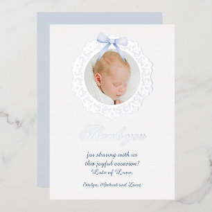 Silver Frame Blue Bow Baptism Foil Thank You Card