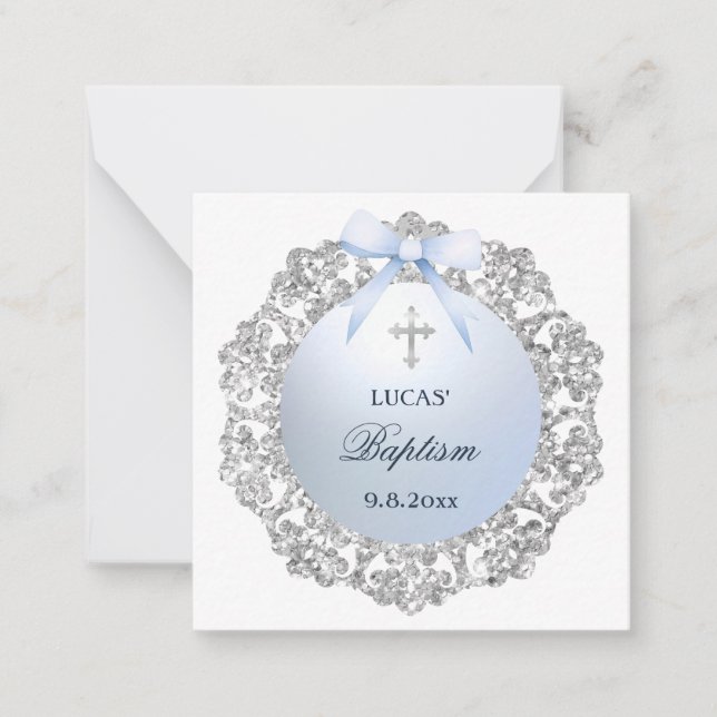 Silver Frame Blue Bow Baptism Gift Enclosure Card (Front)