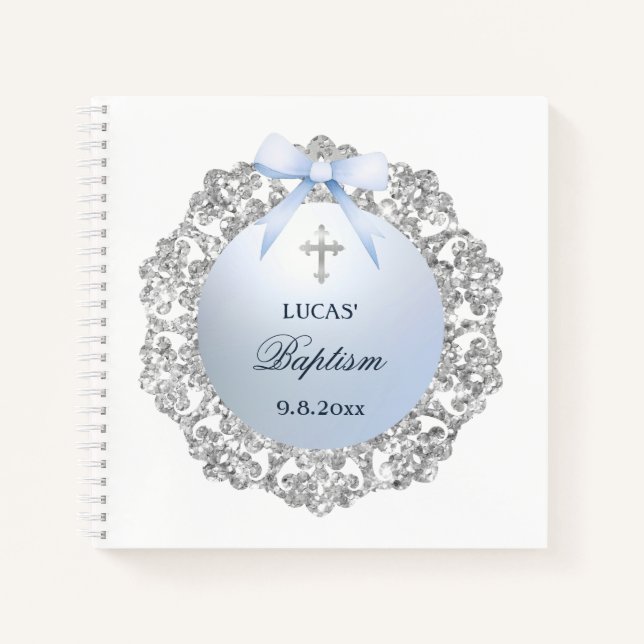 Silver Frame Blue Bow Baptism Square Guest Book (Front)