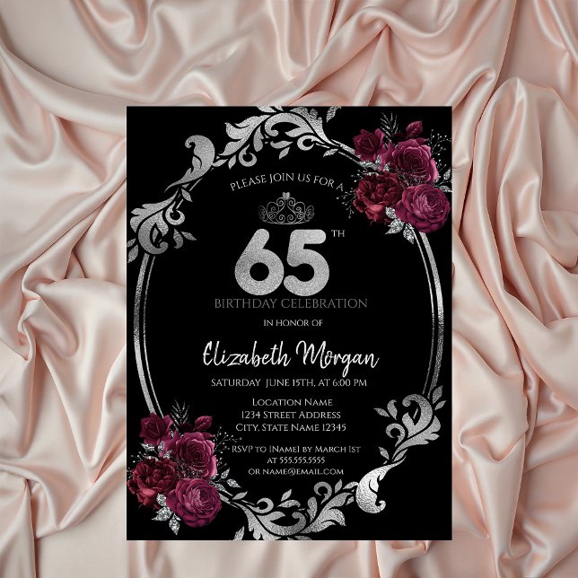 Silver Frame Burgundy Roses Black 65th Birthday Invitation (Creator Uploaded)