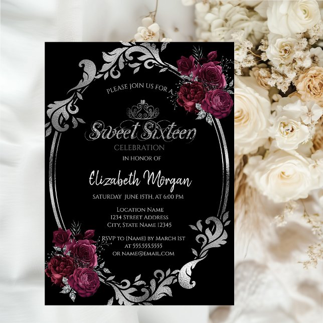 Silver Frame Burgundy Roses Black Sweet 16 Invitation (Creator Uploaded)