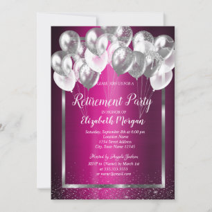 Silver Frame Confetti Balloons Purple Retirement  Invitation
