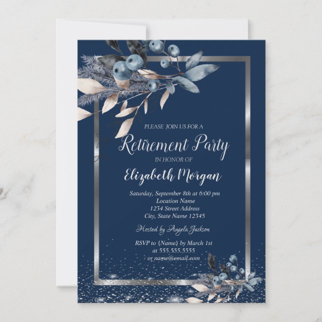 Silver Frame Confetti Winter Flowers Retirement  Invitation (Front)