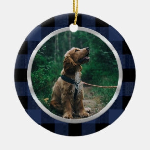 Silver Frame Dog Photo Navy Blue Plaid Tartan Ceramic Ornament