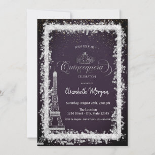 Silver Frame Eiffel Tower Dark Purple Quinceanera Invitation