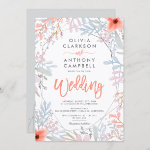 Silver frame floral watercolor script wedding invitation
