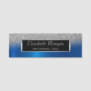 Silver  Frame,Glitter Ombre Blue Metallic Name Tag
