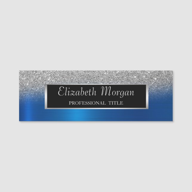 Silver  Frame,Glitter Ombre Blue Metallic Name Tag (Front)