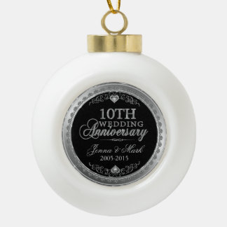 Silver Frame & Hearts 10th Wedding Anniversary Ceramic Ball Christmas Ornament