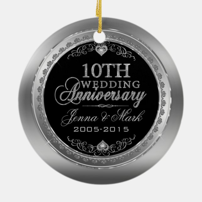 Silver Frame & Hearts 10th Wedding Anniversary Ceramic Ornament (Back)