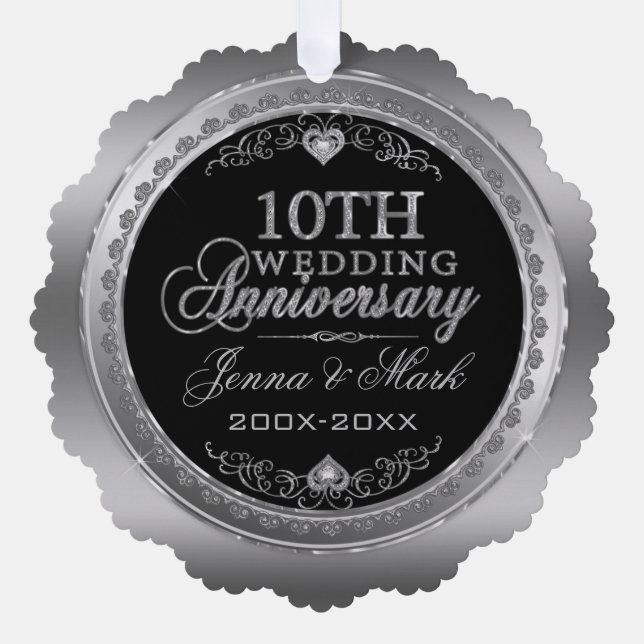 Silver Frame & Hearts 10th Wedding Anniversary Ornament Card (Front)