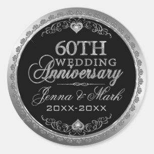 Silver Frame & Hearts 60th Wedding Anniversary Classic Round Sticker