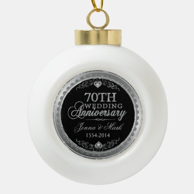 Silver Frame & Hearts 70th Wedding Anniversary Ceramic Ball Christmas Ornament (Front)