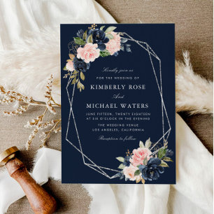 silver frame Navy and blush floral wedding Invitation