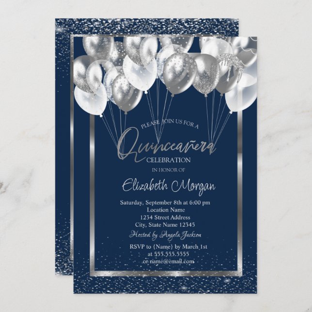 Silver Frame Navy Confetti Balloons Quinceañera Invitation (Front/Back)