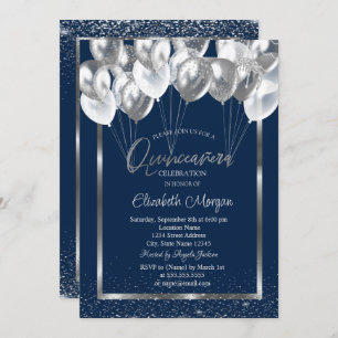 Silver Frame Navy Confetti Balloons Quinceañera Invitation