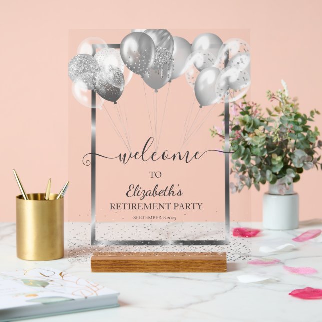 Silver Frame Navy Confetti Balloons Retirement  Acrylic Sign (Wedding)