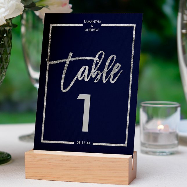 Silver frame script navy blue table number (Creator Uploaded)