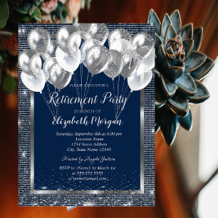Silver Frame Sequins Balloons Navy Retirement  Invitation