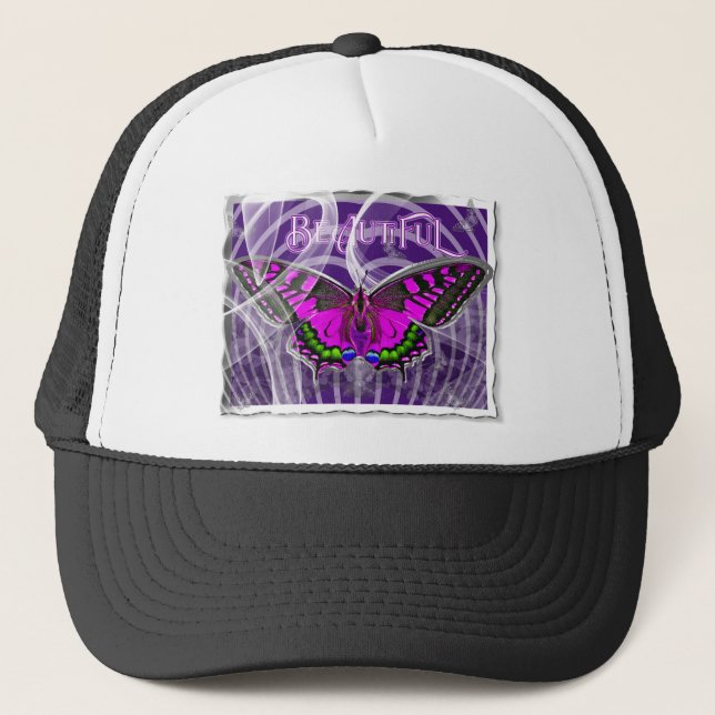 Silver Framed Colorful Butterfly with Swirls Trucker Hat (Front)