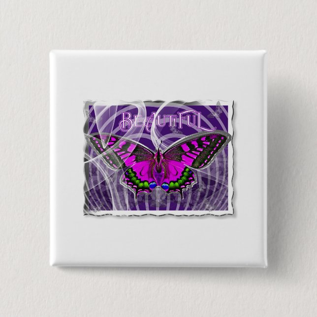 Silver Framed Colourful Butterfly with Swirls 2 Inch Square Button (Front)