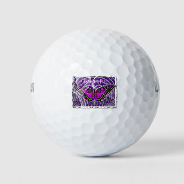 Silver Framed Colourful Butterfly with Swirls Golf Balls (Front)