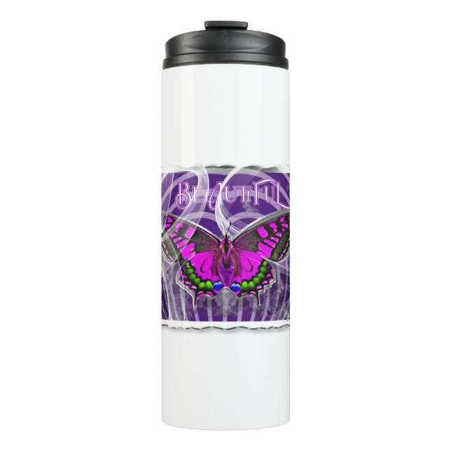 Silver Framed Colourful Butterfly with Swirls Thermal Tumbler (Front)