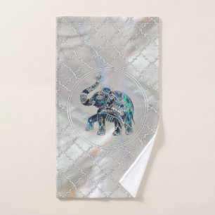 Silver Framed Elephant on Abalone and Pearl Bath Towel Set