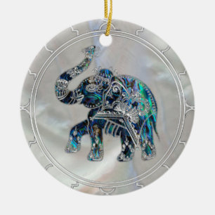 Silver Framed Elephant on Abalone and Pearl Ceramic Ornament