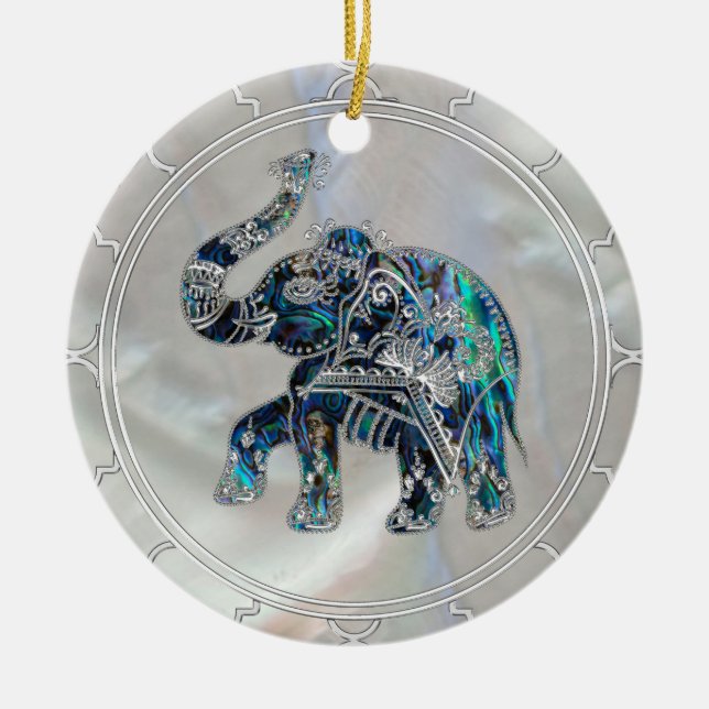 Silver Framed Elephant on Abalone and Pearl Ceramic Ornament (Front)