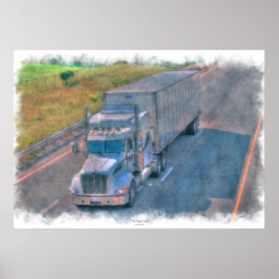 Silver Freight Truck Highway Driving Art Poster 6