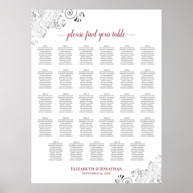Silver Frills 29 Table Wedding Seating Chart Red (Front)