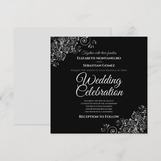 Silver Frills Black Simple Elegant Square Wedding Invitation (Front/Back)