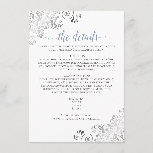 Silver Frills Blue on White Wedding Details Enclosure Card (Front)