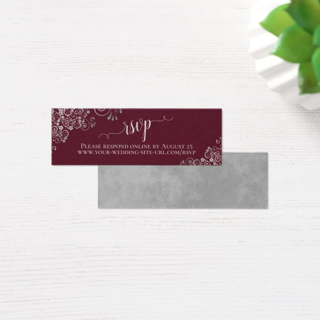 Silver Frills Burgundy Wedding RSVP Online Card (Desk)
