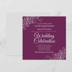 Silver Frills Cassis Simple Elegant Square Wedding Invitation