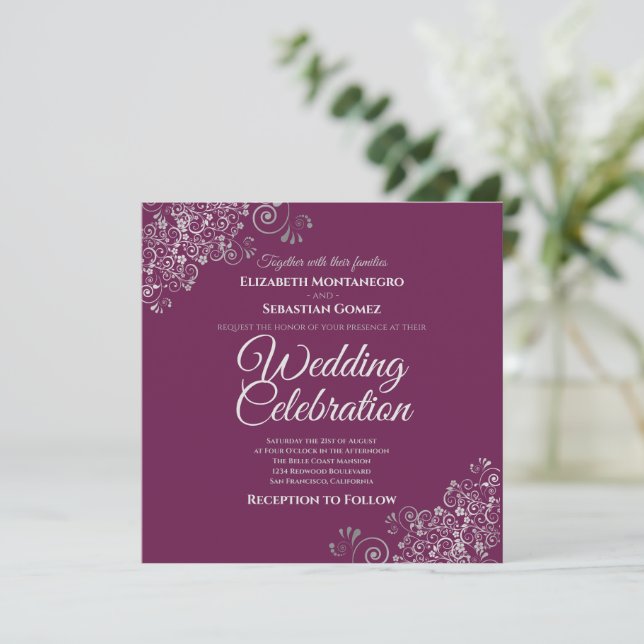 Silver Frills Cassis Simple Elegant Square Wedding Invitation (Standing Front)