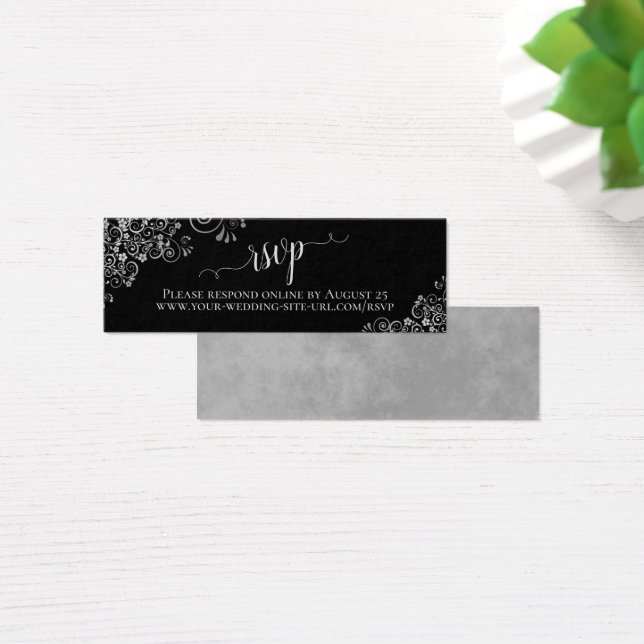 Silver Frills Chic Black Wedding RSVP Online Card (Desk)