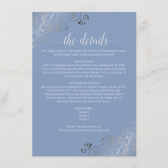 Silver Frills Chic Blue & Grey Wedding Details Enclosure Card (Front)