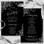 Silver Frills Elegant Black Budget Wedding Program<br><div class="desc">These wedding programs are elegant and tasteful, while still being budget friendly. The design features ornate silver grey faux foil curls and swirls with pale grey text on a black background. The typography features lacy script calligraphy, and there is room for details on the ceremony, the bridal party, and a...</div>