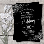 Silver Frills Elegant Black Wedding Invitation<br><div class="desc">This beautiful wedding invitation features a simple yet elegant design with lacy script calligraphy on a black background and frilly silver gray faux foil filigree in the corners. The wording is formal,  but the layout is modern and stylish.</div>