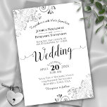 Silver Frills Elegant Black & White Wedding Invitation<br><div class="desc">This beautiful wedding invitation features a simple yet elegant design with lacy script calligraphy on a white background and frilly silver grey faux foil filigree in the corners. The wording is formal,  but the layout is modern and stylish.</div>