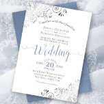 Silver Frills Elegant Blue & Gray on White Wedding Invitation<br><div class="desc">This beautiful wedding invitation features a simple yet elegant design with lacy light blue script calligraphy on a white background and frilly silver gray faux foil filigree in the corners. The wording is formal,  but the layout is modern and stylish.</div>