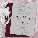 Silver Frills Elegant Burgundy & Gray Wedding Invitation<br><div class="desc">This beautiful wedding invitation features a simple yet elegant design with lacy script burgundy colored calligraphy on a gray background and frilly silver gray faux foil filigree in the corners. The wording is formal,  but the layout is modern and stylish.</div>